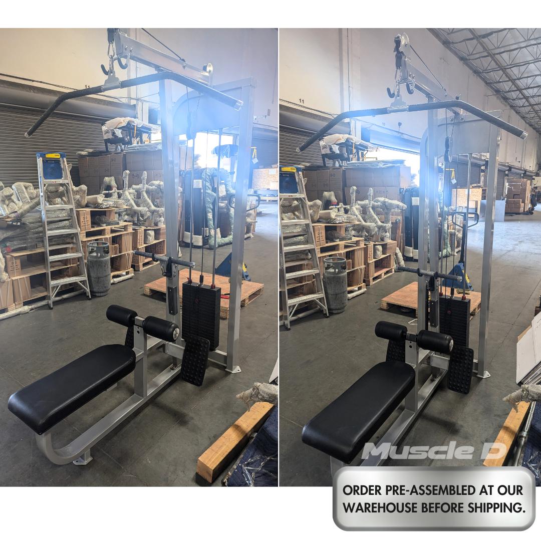 Muscle D Fitness Dual Function Lat Low Row Machine in commercial gym setting