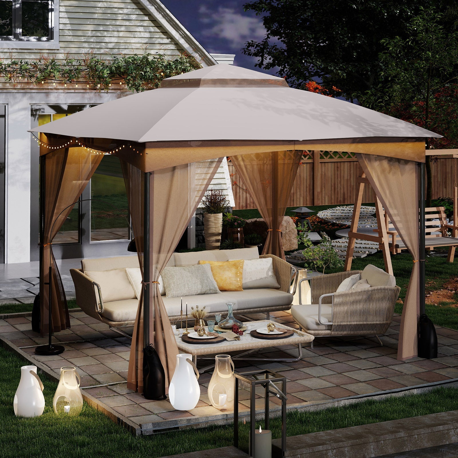 10 X 10 FT Heavy-Duty Patio Gazebo with Netting Walls and 4 Sandbags-Khaki in a stylish backyard setup