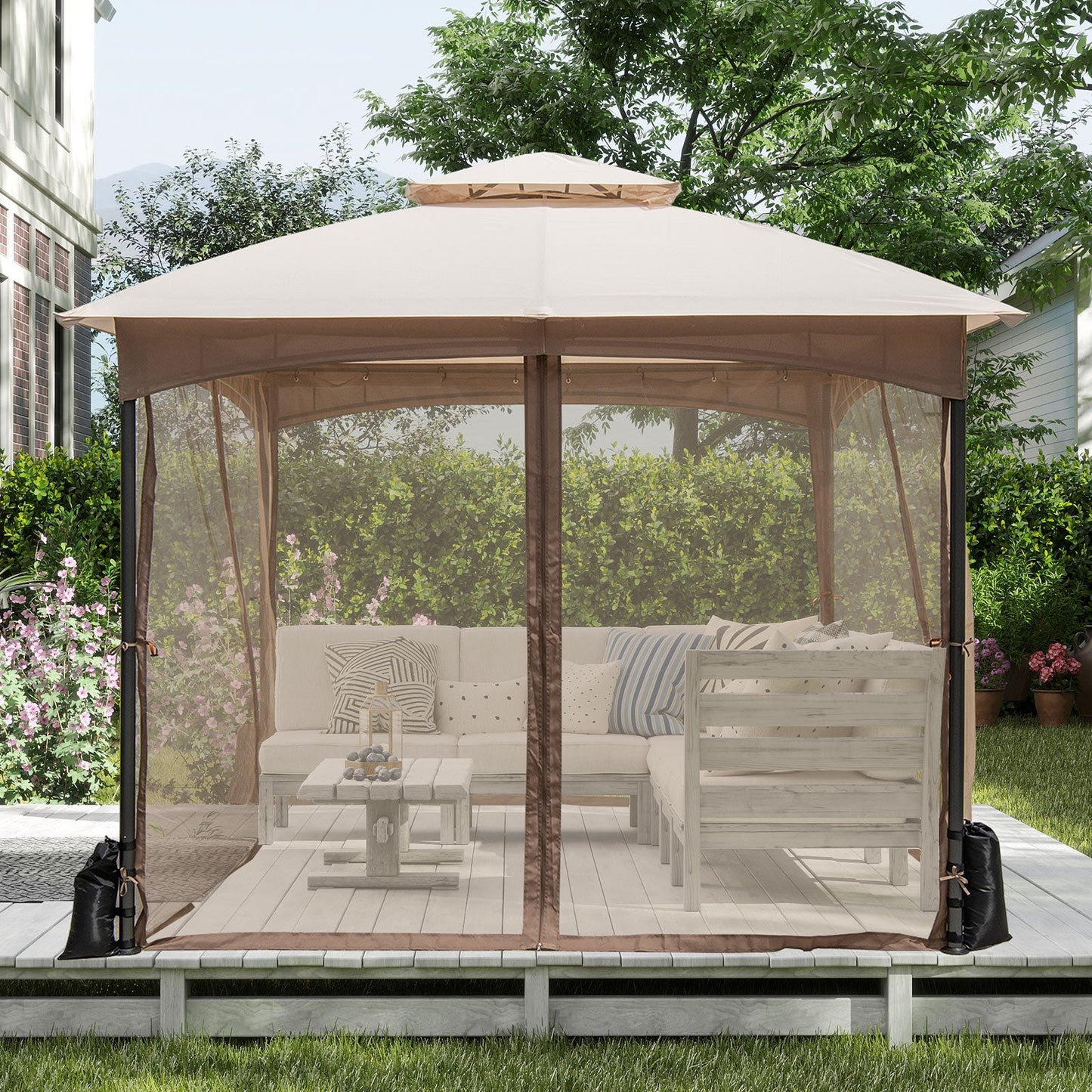 10 X 10 FT Heavy-Duty Patio Gazebo with Netting Walls and 4 Sandbags-Khaki providing stylish outdoor shelter