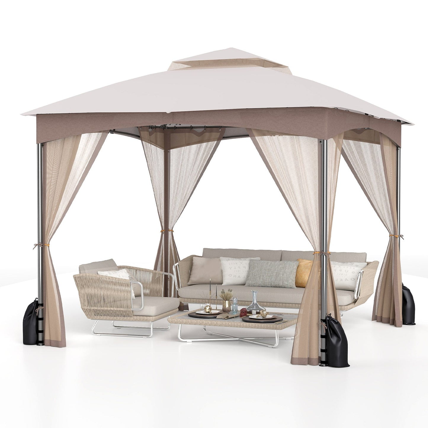 10 X 10 FT Heavy-Duty Patio Gazebo with Netting Walls and 4 Sandbags-Khaki showcasing outdoor seating and decor.