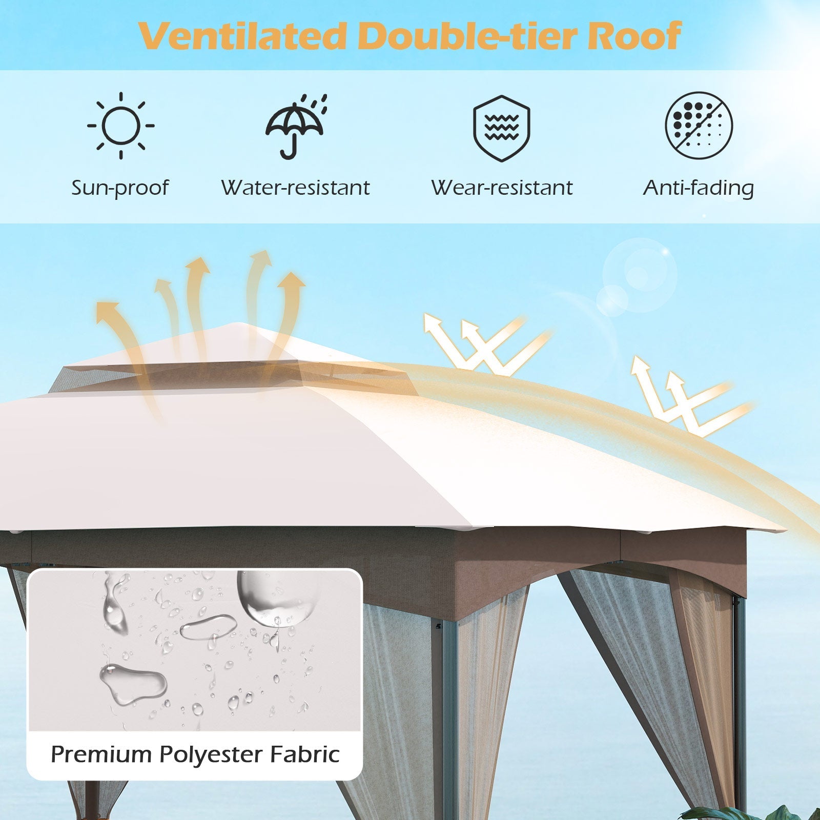 10 X 10 FT Heavy-Duty Patio Gazebo with Netting Walls and 4 Sandbags-Khaki featuring ventilated sun-proof double-tier roof