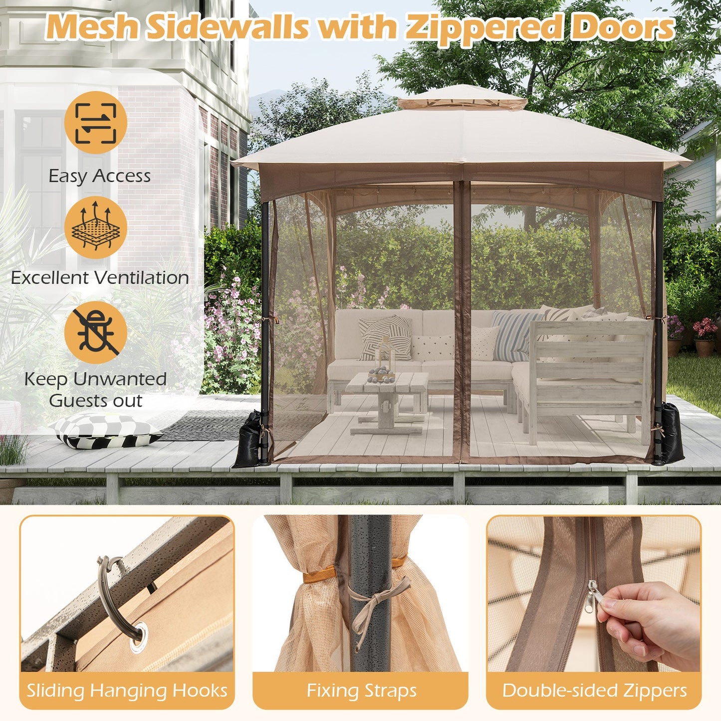 10 X 10 FT Heavy-Duty Patio Gazebo with Netting Walls and 4 Sandbags-Khaki featuring mesh sidewalls, sliding hooks, and fixing straps.