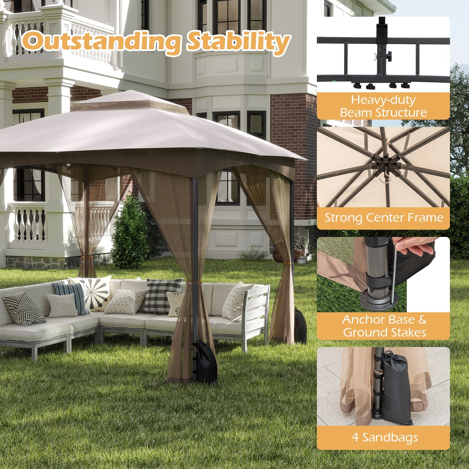 10 X 10 FT Heavy-Duty Patio Gazebo with Netting Walls and 4 Sandbags-Khaki featuring mesh sidewalls and sturdy frame