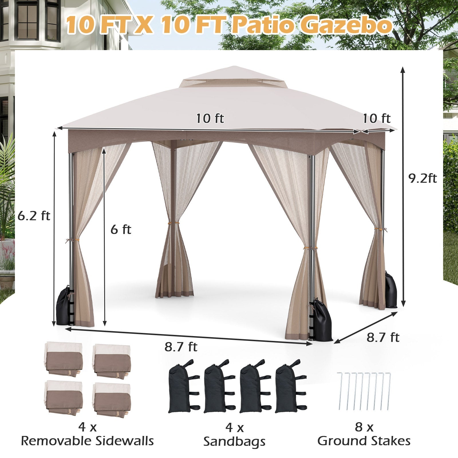 10 X 10 FT Heavy-Duty Patio Gazebo with Netting Walls and 4 Sandbags-Khaki setup with dimensions and accessories shown.