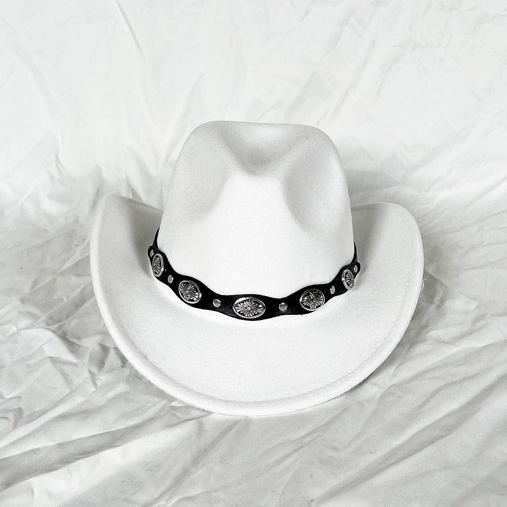 The Outlaw Western Cowboy Hat - Classic Bell Shaped Design, Durable and Stylish for All Seasons, white with decorative band.