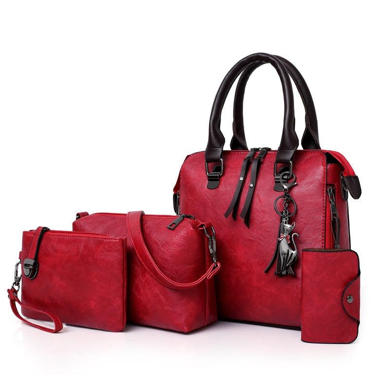 Vintage Leather 4-Piece Messenger Bag Set | Luxury Leather Tote, Clutch & Wallet Set in vibrant red leather displayed together.