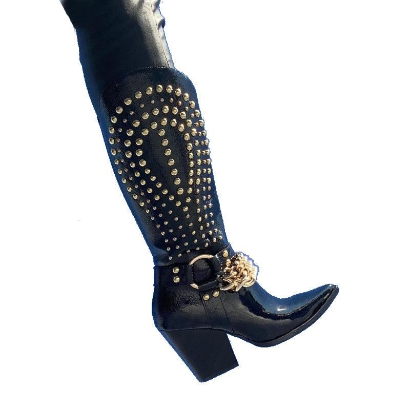 Knight Studded Cowboy Boots | Punk Rock Style with Rivets & Chains featuring a high heel and gold chain buckle