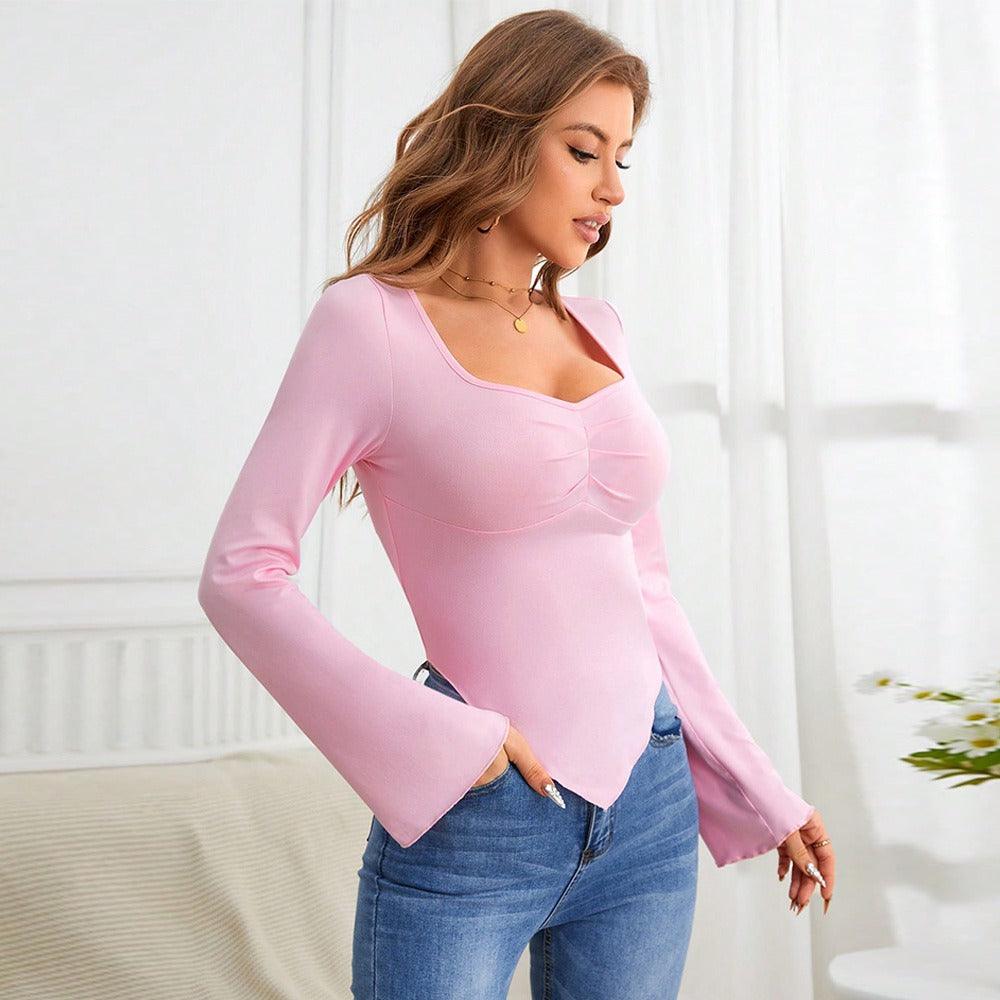 Slim Fit Knitted Long-Sleeved T-Shirt Top in pink, Casual Country Girl Style for Spring & Summer, enhancing silhouette