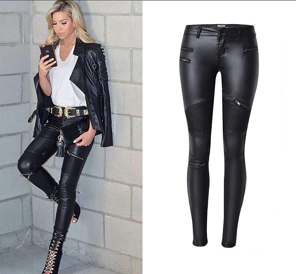 Rebel Rider Multi-Zip Skinny Motorcycle Pants - Edgy Street Style & Bold Fit, shiny black leather-look with pleated accents.