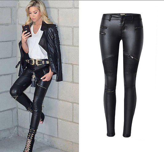 Rebel Rider Multi-Zip Skinny Motorcycle Pants - Edgy Street Style & Bold Fit, shiny black leather-look with pleated accents.
