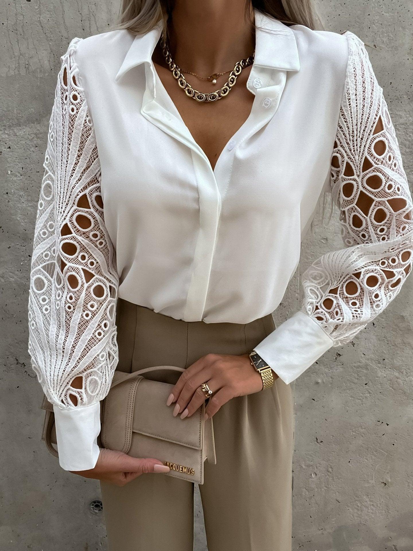 Luxe Lace Button-Up Top - Elegant Cotton Blouse with Lace Details in white, showcasing exquisite embroidered sleeves, styled with beige pants
