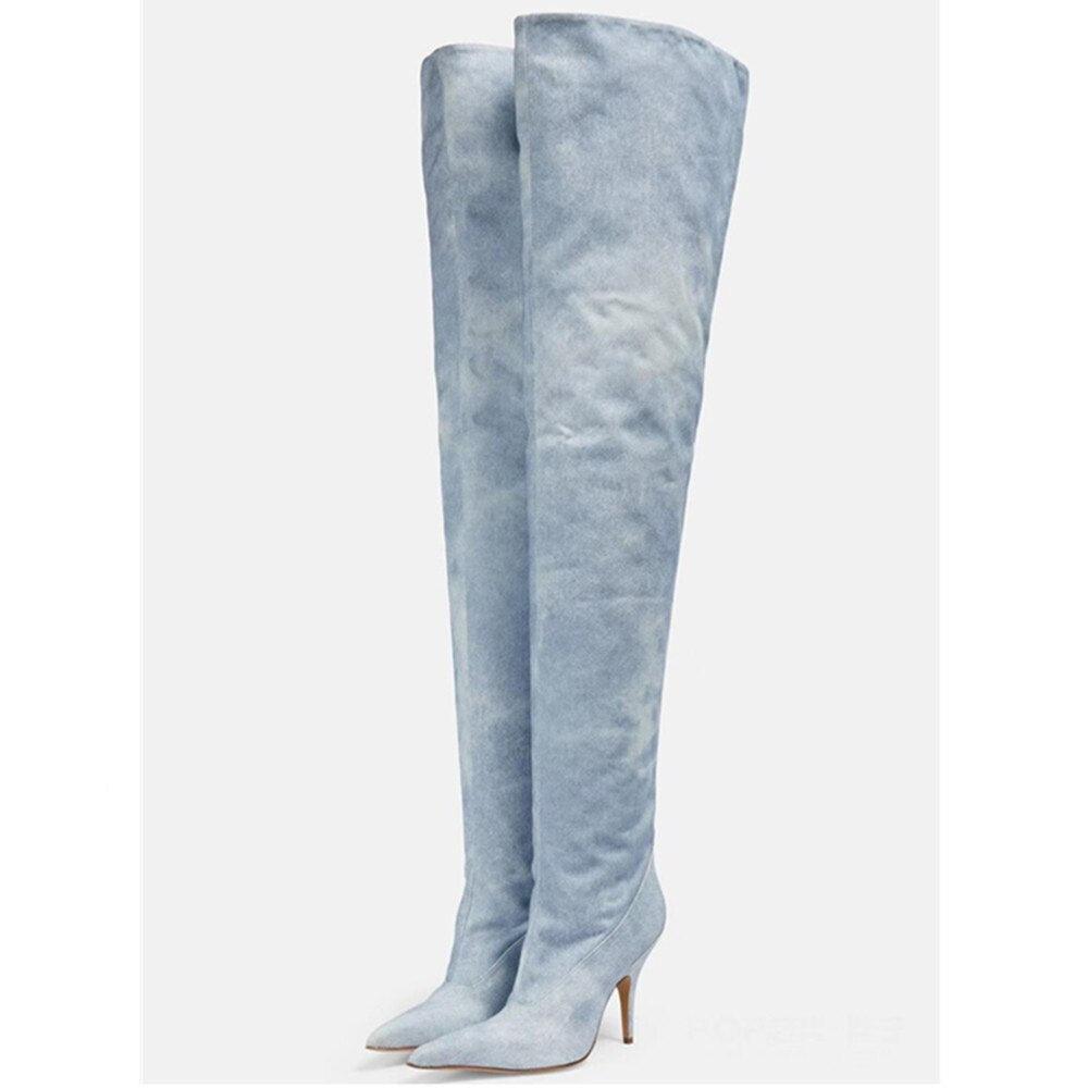 Women's Ultra-High Heel Denim Pointed Toe Catwalk Knee Boots - stylish light blue over-the-knee design for modern elegance.