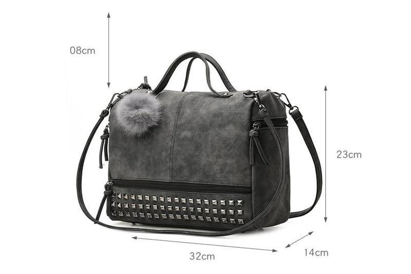 Rustic Charm Leather Shoulder Bag – Stylish Cowgirl Handbag with rivet details and soft structure, shown with dimensions.