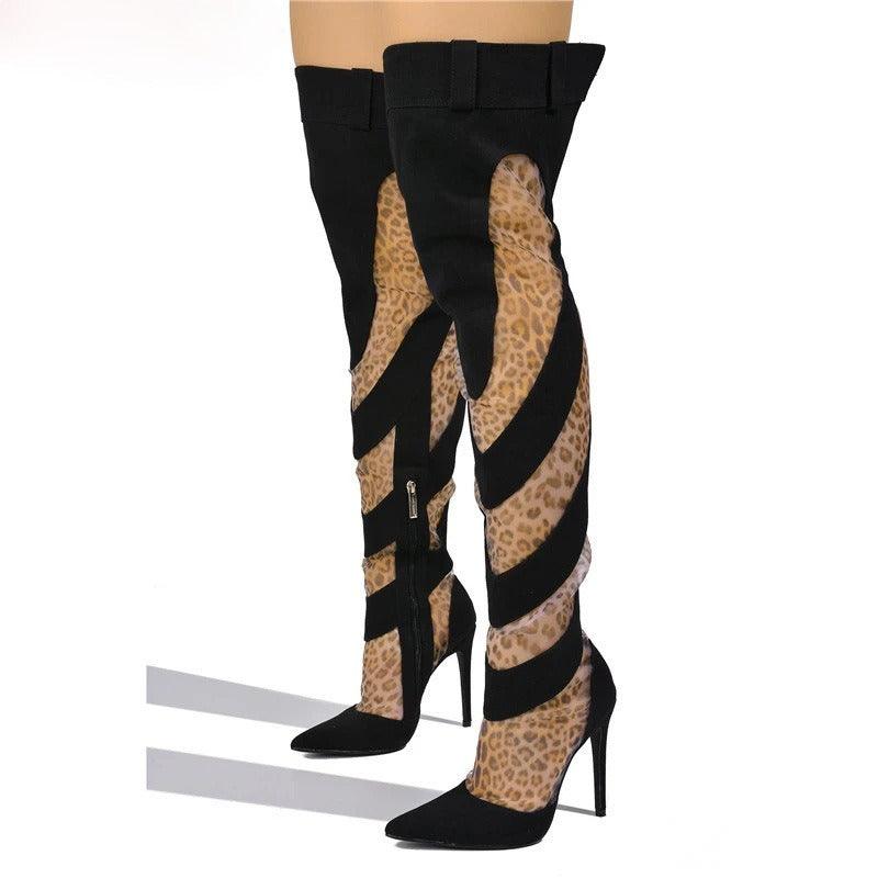 Patchwork Thigh High Knee Boots - Brazen Blue & Jet Black | Ultra High Heels, featuring spiral pattern with pointed toe and stiletto heel.