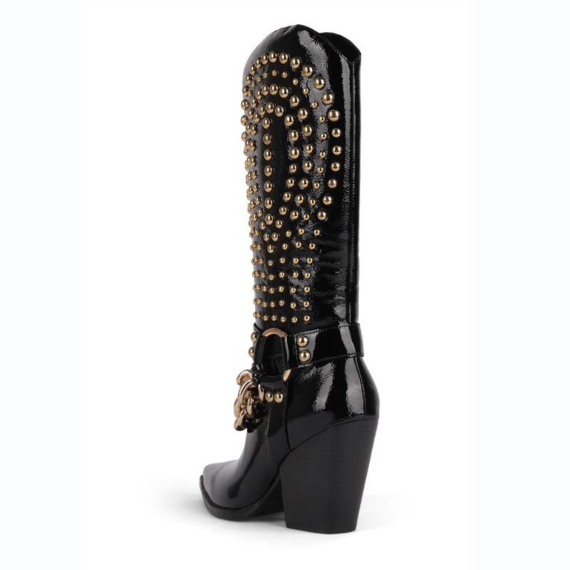 Knight Studded Cowboy Boots | Punk Rock Style with Rivets & Chains, high heel, pointed toe, gold chain detail, bold boots.