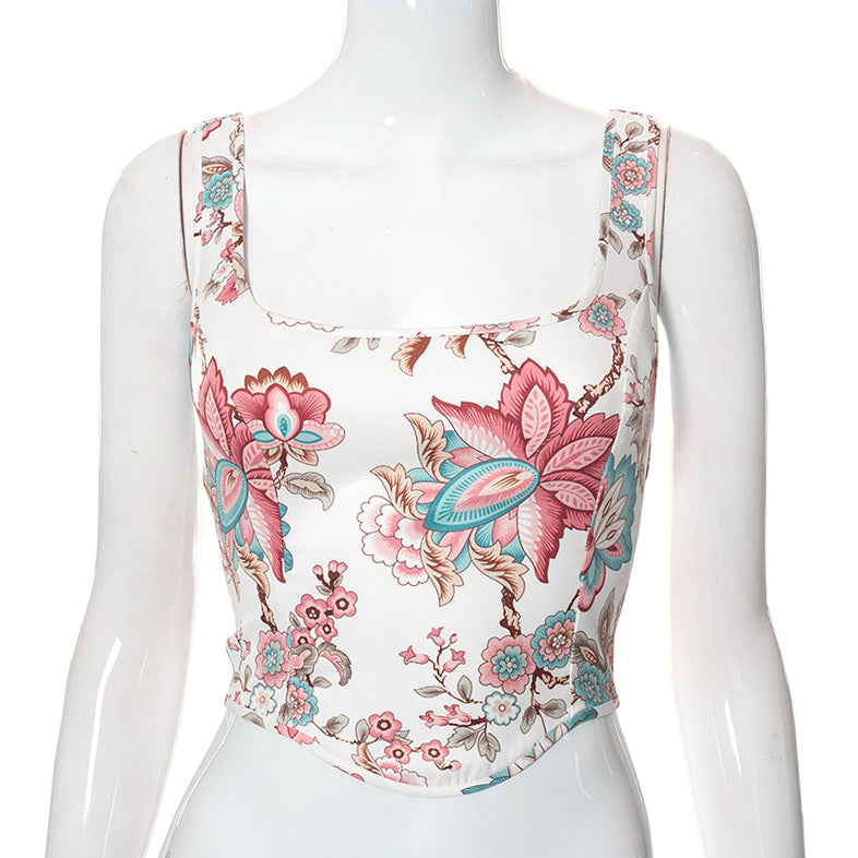 Floral Lace-Up Back Vest Top with square neckline and floral print in pinks and blues