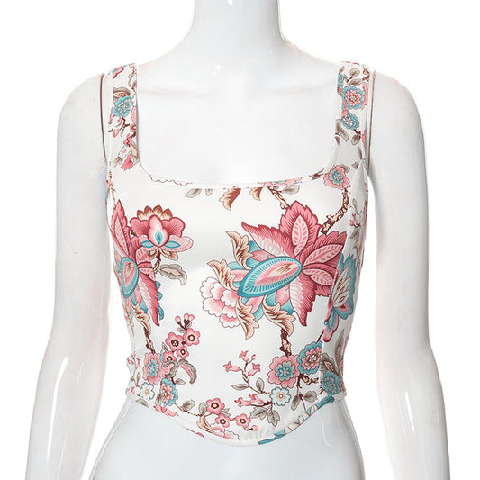 Floral Lace-Up Back Vest Top with square neckline and floral print in pinks and blues