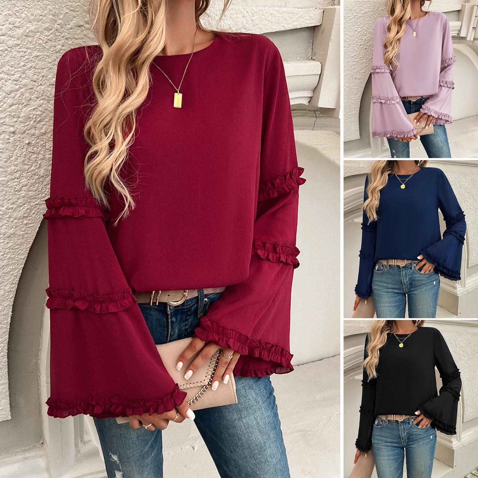 Elegant Socialite Trumpet Sleeved Top – Stylish Ruffled Blouse for Trendy Women in various colors