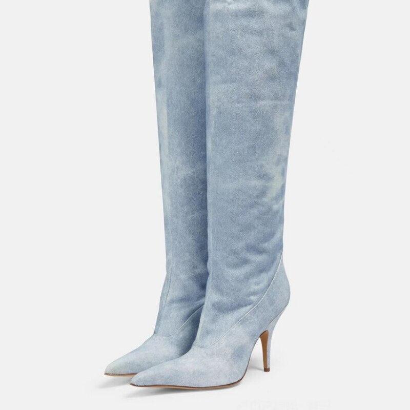 Women's Ultra-High Heel Denim Pointed Toe Catwalk Knee Boots in light denim finish.