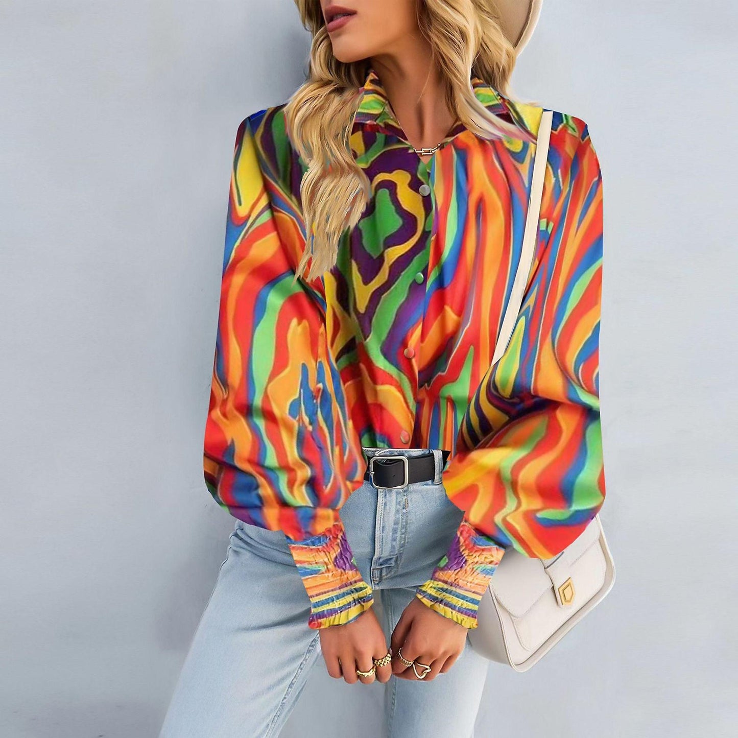 Boho Printed Lantern Sleeve Top – Relaxed Fit Casual Shirt for Country Girls, vibrant abstract design, worn with jeans