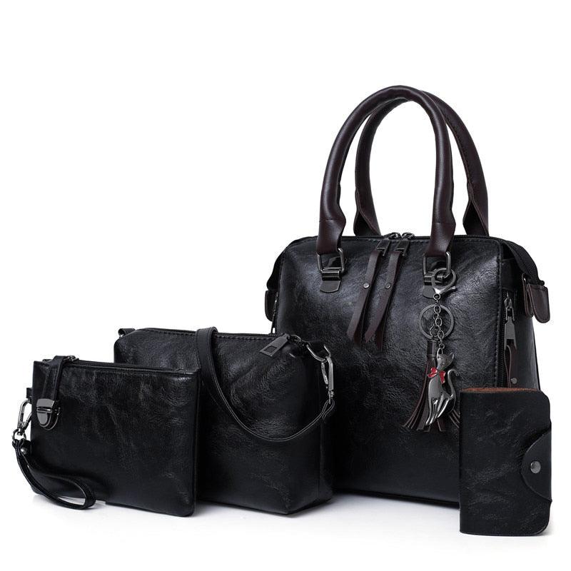 Vintage Leather 4-Piece Messenger Bag Set | Luxury Leather Tote, Clutch & Wallet Set shown in a stylish arrangement.