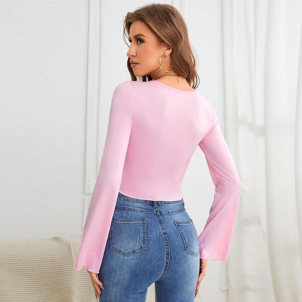 Woman wearing Slim Fit Knitted Long-Sleeved T-Shirt Top, Casual Country Girl Style for Spring & Summer, in solid pink color.