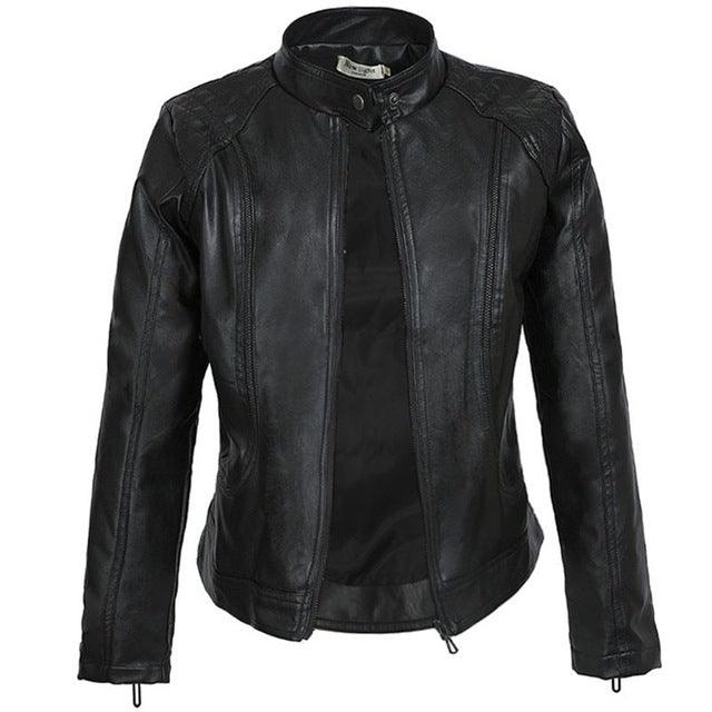 Black Leather Motorcycle Jacket | Stylish and Warm for Bikers & Nightlife, crafted from polyester simulated leather, shown on a white background.