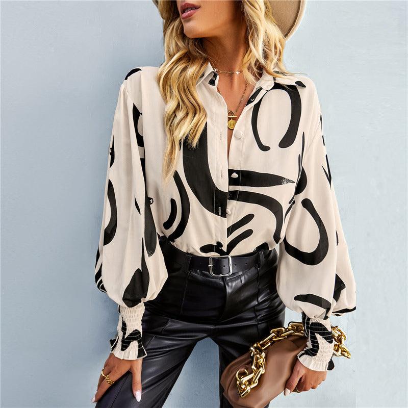 Woman wearing Boho Printed Lantern Sleeve Top – Relaxed Fit Casual Shirt for Country Girls with abstract print and lantern sleeves.