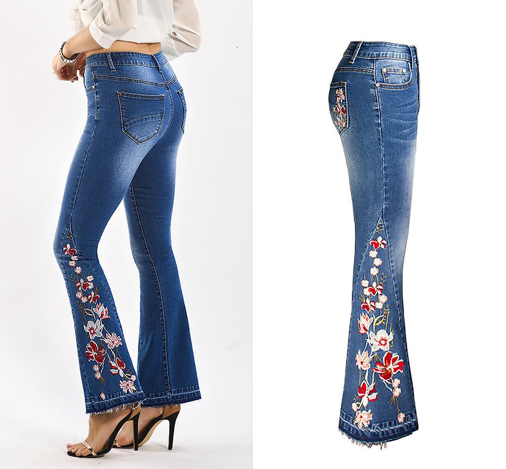 Flared Leg Embroidered Denim Jeans | Cowgirl Style with a Floral Touch featuring floral embroidery on flared hem