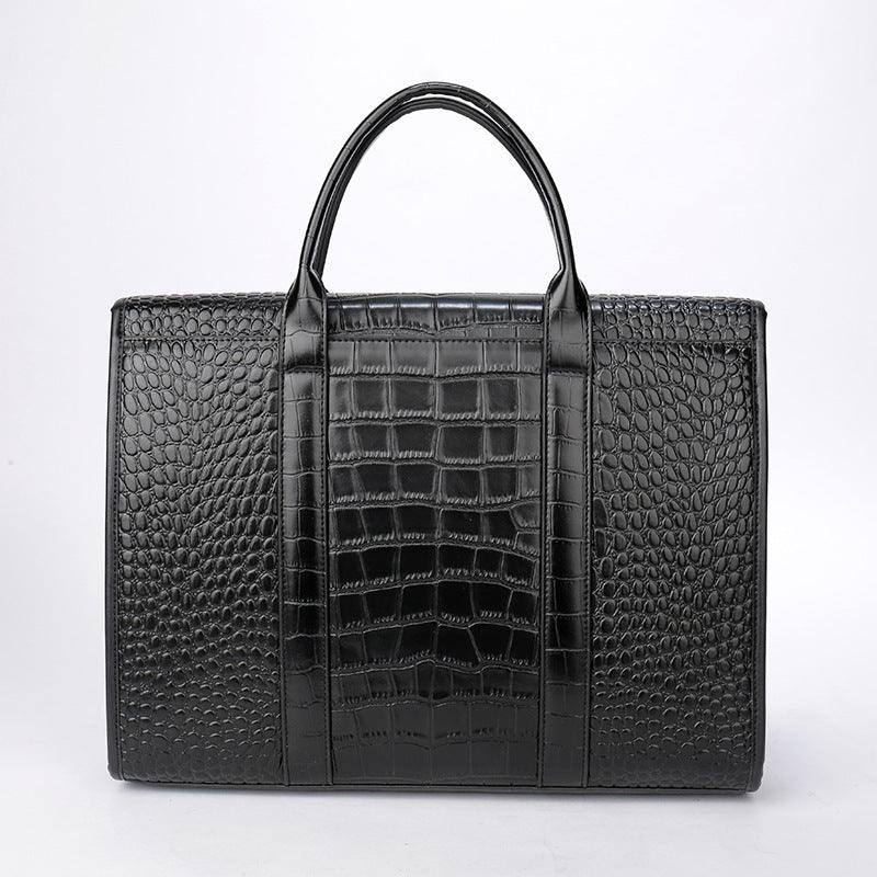 Exotic Croco Leather Laptop Bag - Luxury Genuine Cowhide for Stylish Women, featuring black crocodile pattern, spacious interior.