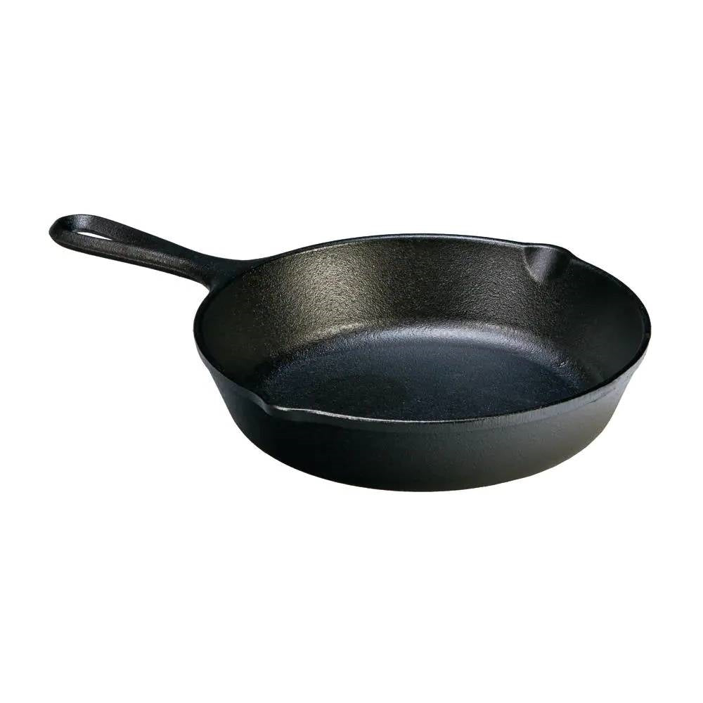8-inch Pre-Seasoned Cast Iron Skillet Frying Pan with Pour Spouts Made in USA shown on a white background.