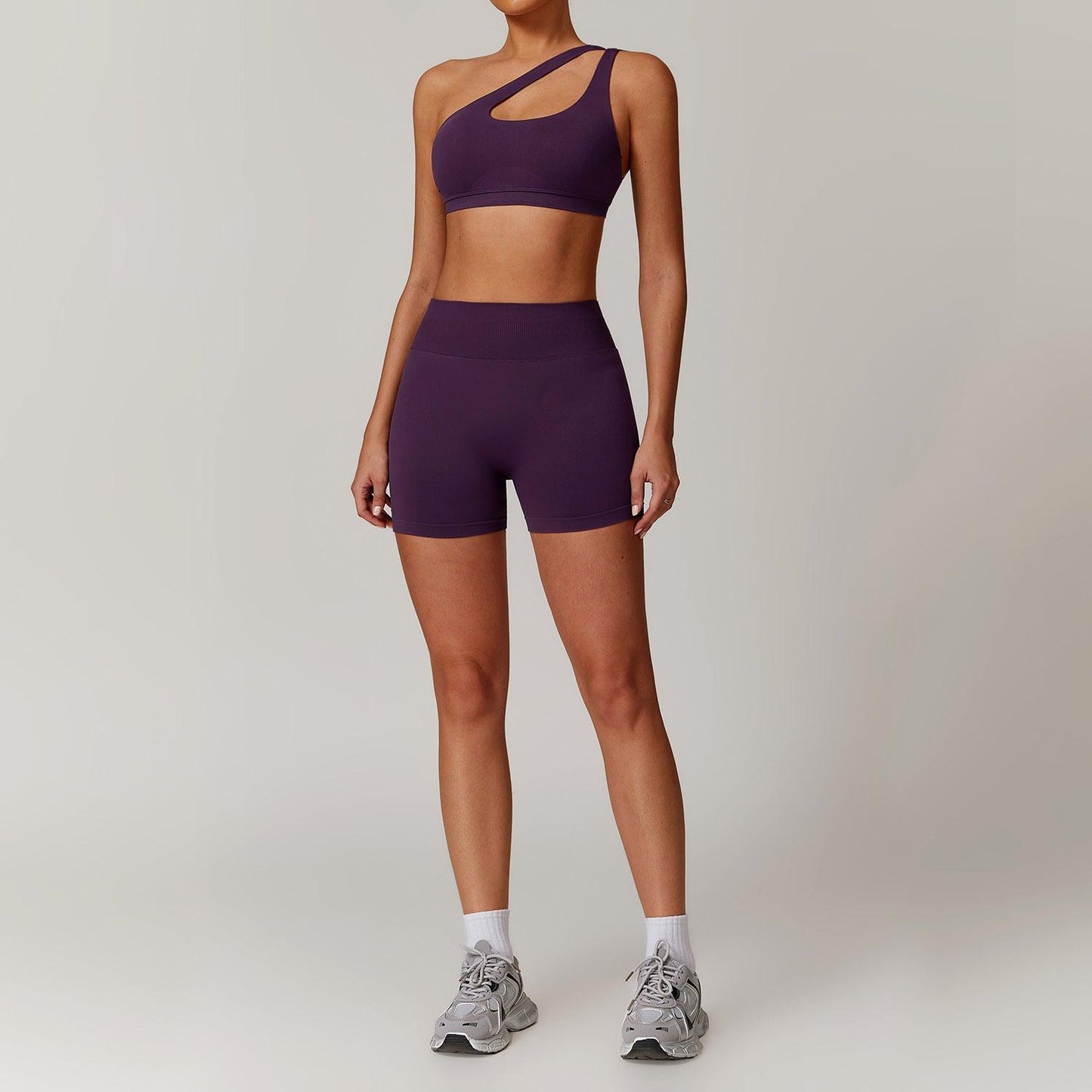 Purple Slant Shoulder Bra + High-Waisted Shorts Yoga Set | Country Girl Fitness Outfit displayed on mannequin