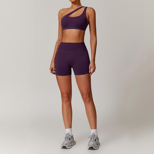 Purple Slant Shoulder Bra + High-Waisted Shorts Yoga Set | Country Girl Fitness Outfit displayed on mannequin