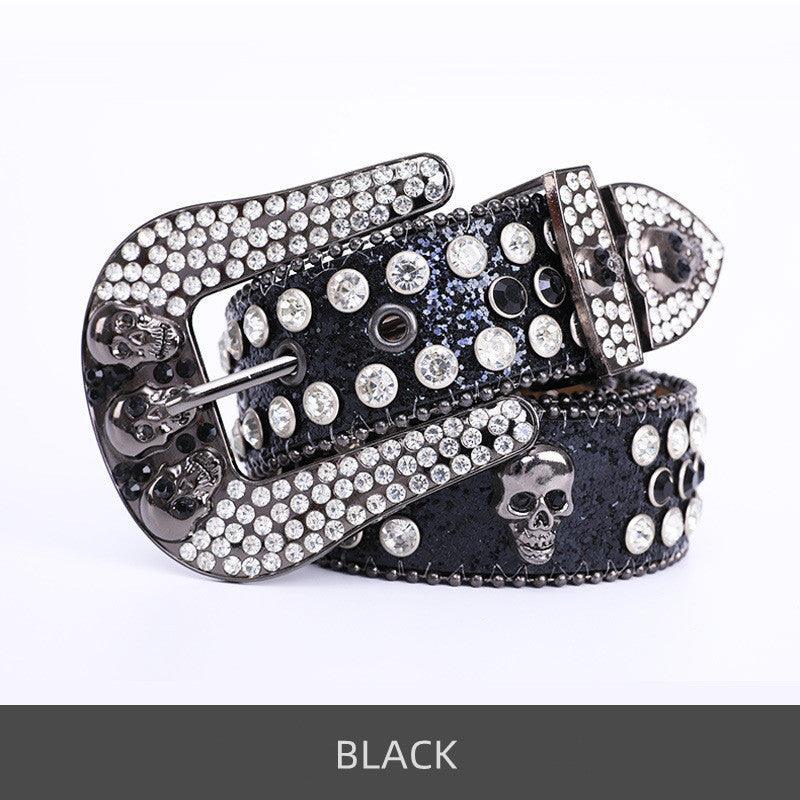 Skullduggery Western Rhinestone Belt | Punk Rock Skull Studded Fashion Belt in black, with white diamond rhinestones and skull motifs.