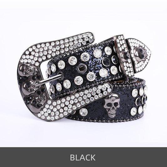 Skullduggery Western Rhinestone Belt | Punk Rock Skull Studded Fashion Belt in black, with white diamond rhinestones and skull motifs.