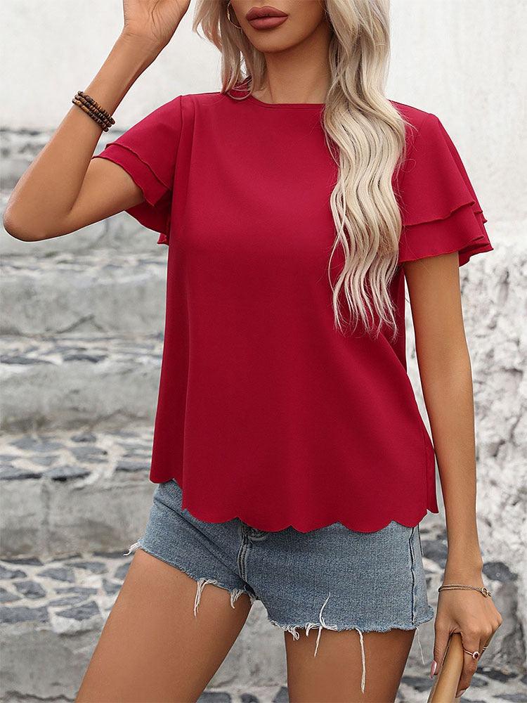 Lotus Blossom Ruffle Top - Stylish Red Double-layer Lotus Leaf Sleeve Blouse, classy fashion for casual and elegant occasions.