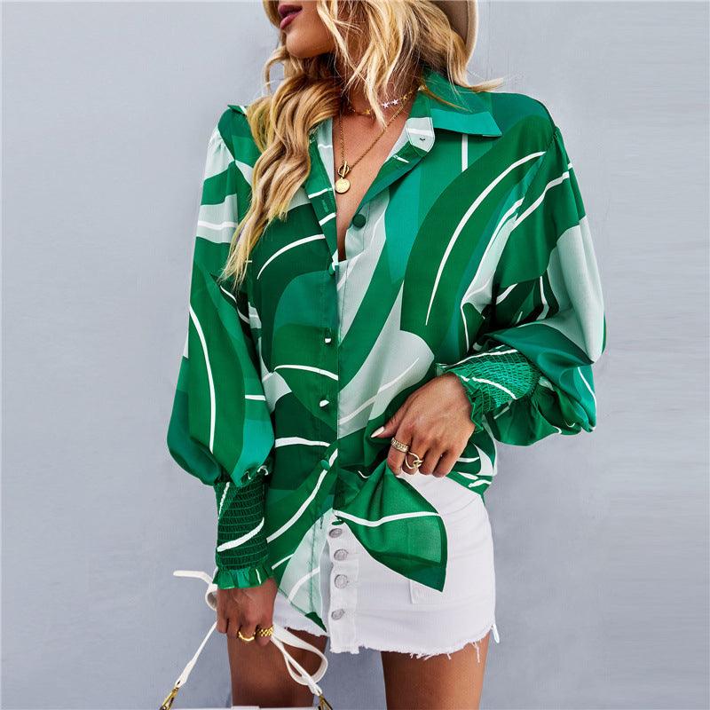 Boho Printed Lantern Sleeve Top – Relaxed Fit Casual Shirt for Country Girls in green abstract print