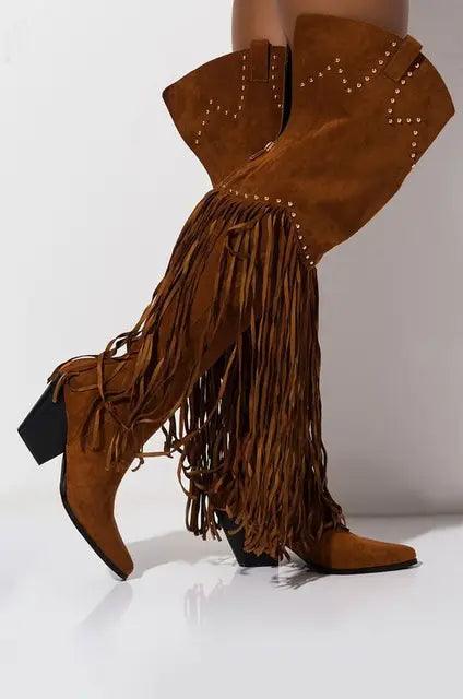 Vintage Fringe Over-the-Knee Boots with Western flair, playful fringe, and chunky 3.25" heel, perfect for a bold stylish look.