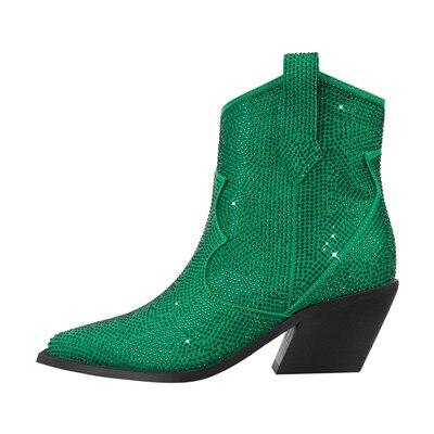 Women’s Rhinestone Encrusted Bootie Style Cowboy Boots in green with a mid-height heel and sparkling design.