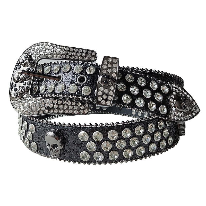 Skullduggery Western Rhinestone Belt | Punk Rock Skull Studded Fashion Belt with crystals and skull motifs