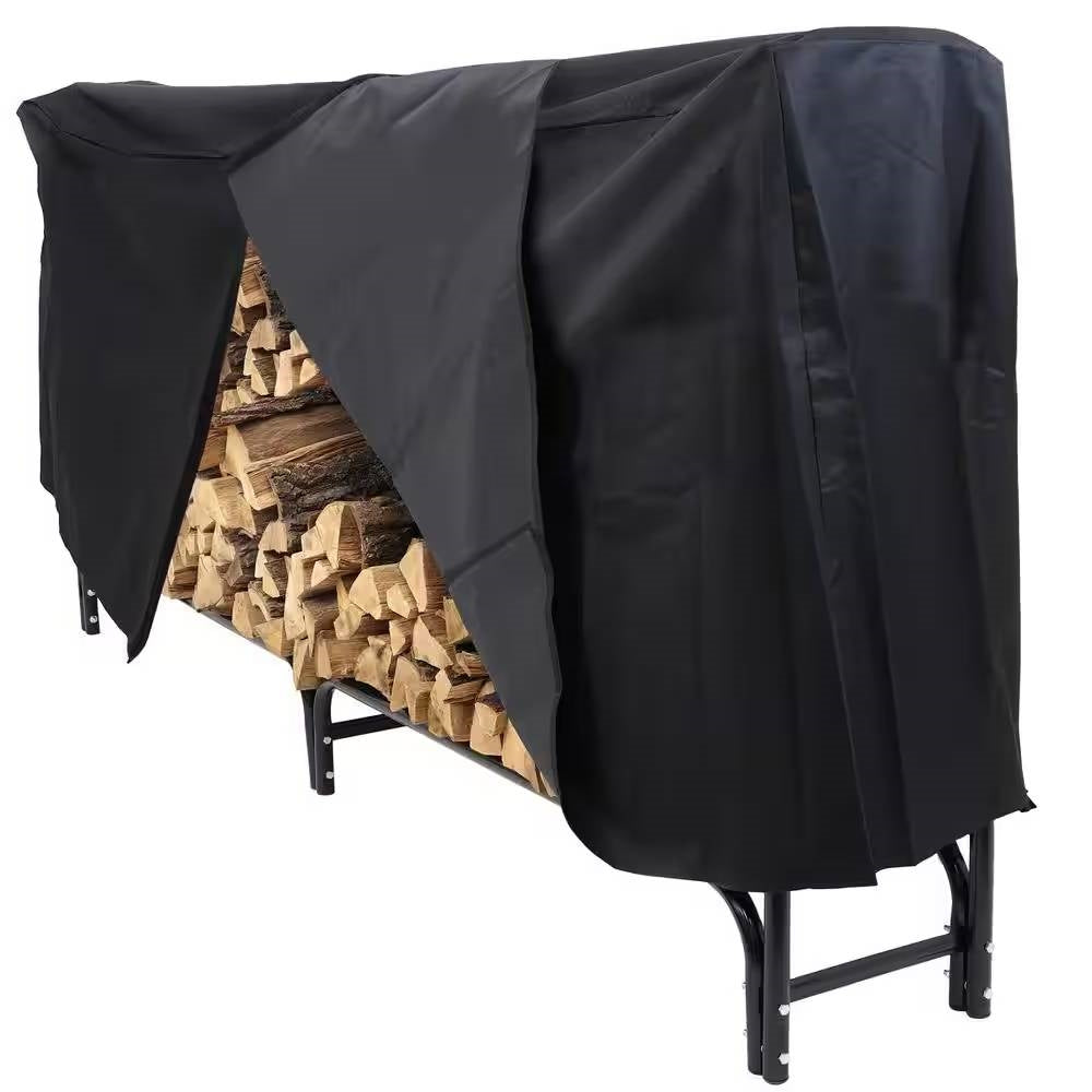 Indoor/Outdoor 8-ft. Black Metal Firewood Rack with Cover, holding split logs, with a black weatherproof cover partially open.