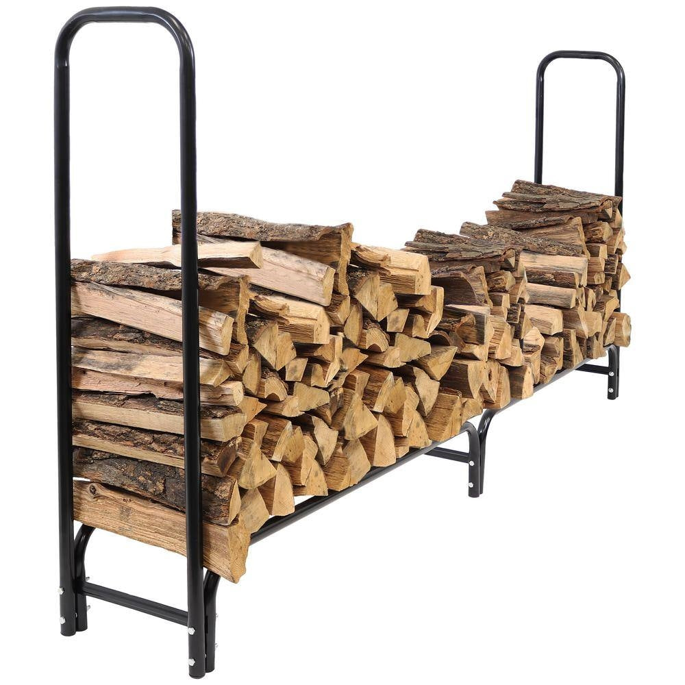 Indoor/Outdoor 8-ft. Black Metal Firewood Rack with Cover holding stacked firewood