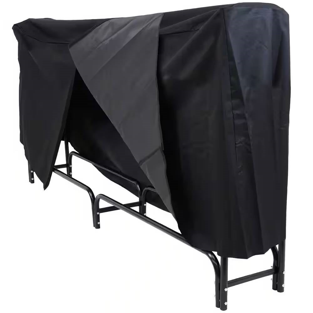 Indoor/Outdoor 8-ft. Black Metal Firewood Rack with Cover showing durable steel construction and black powder-coated finish.