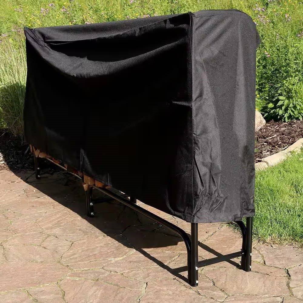 Indoor/Outdoor 8-ft. Black Metal Firewood Rack with Cover holding firewood on a patio.