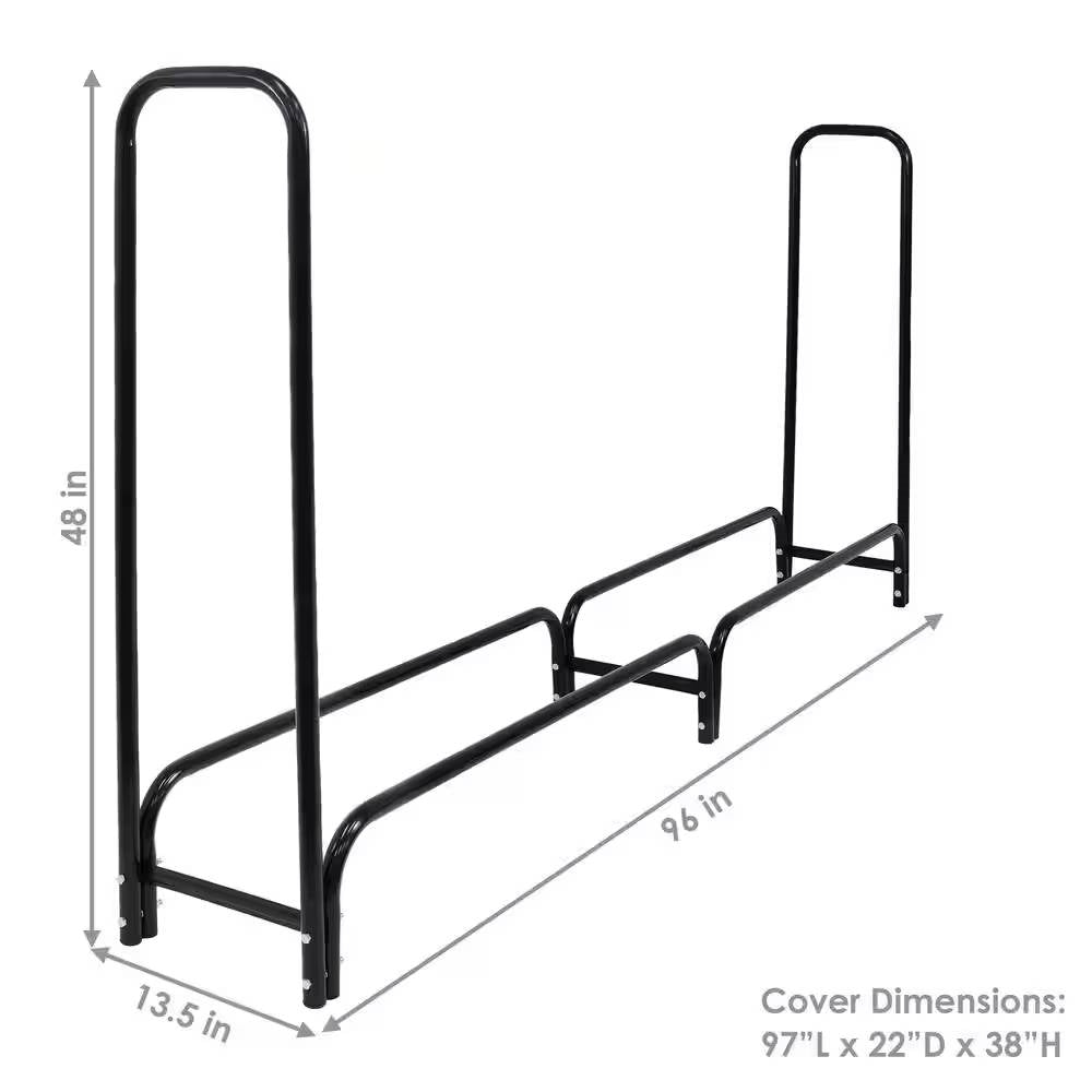 Indoor/Outdoor 8-ft. Black Metal Firewood Rack with Cover featuring durable tubular steel and black powder-coated finish.