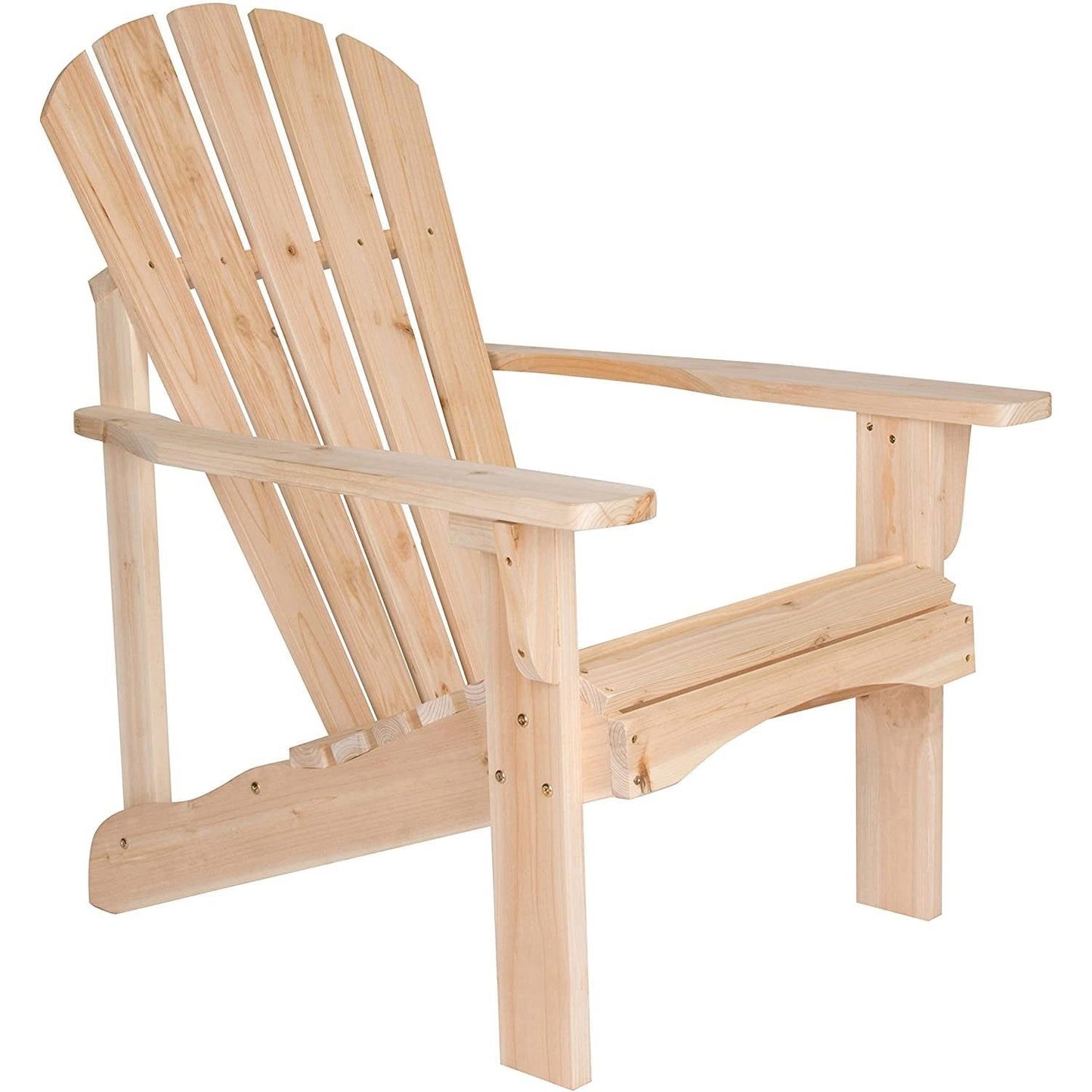 Ergonomic Natural Cedar Wood Adirondack Chair with contoured seat and high back, ideal for outdoor relaxation.