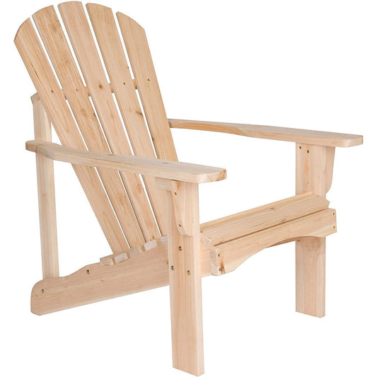 Ergonomic Natural Cedar Wood Adirondack Chair with contoured seat and high back, ideal for outdoor relaxation.