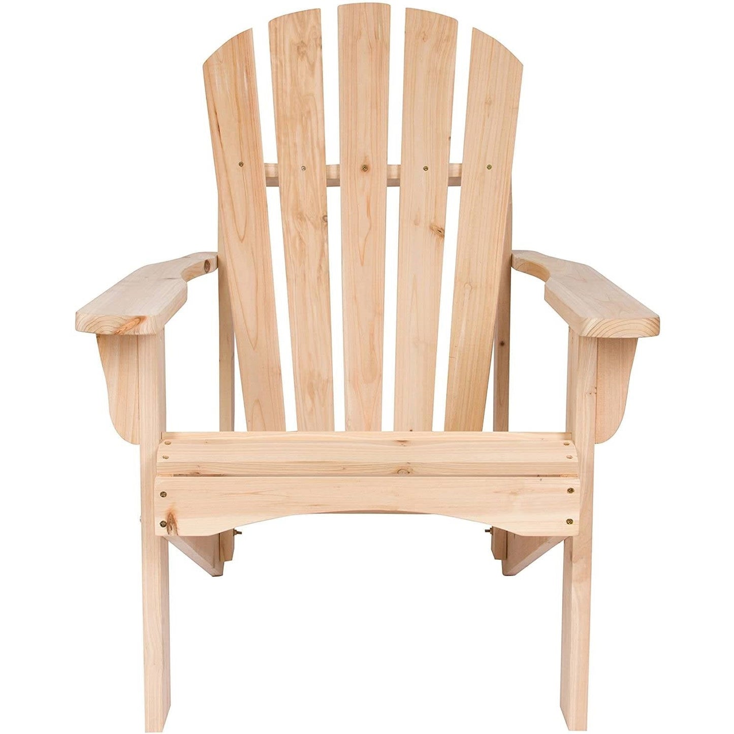 Front view of an Ergonomic Natural Cedar Wood Adirondack Chair featuring a high back and contoured seat for outdoor relaxation.