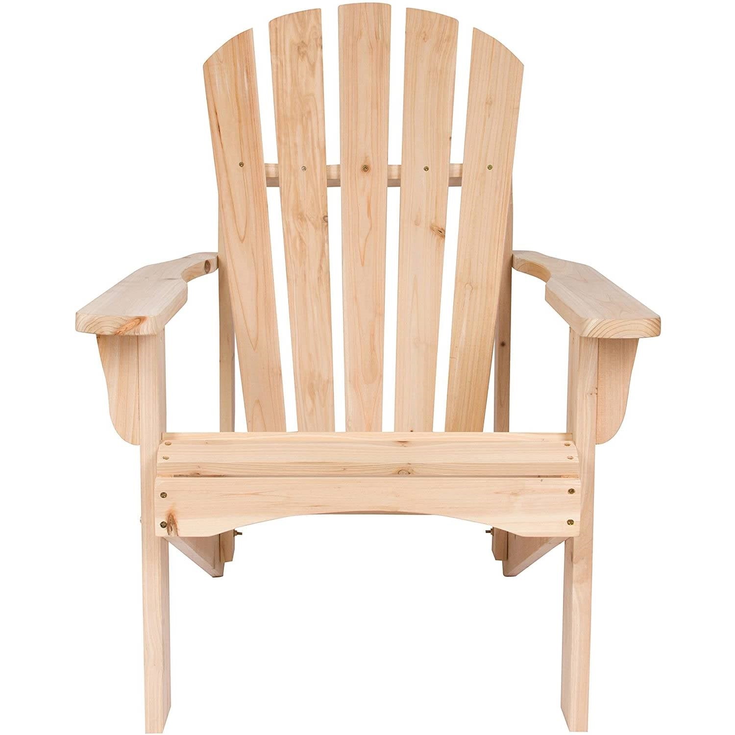 Front view of an Ergonomic Natural Cedar Wood Adirondack Chair featuring a high back and contoured seat for outdoor relaxation.