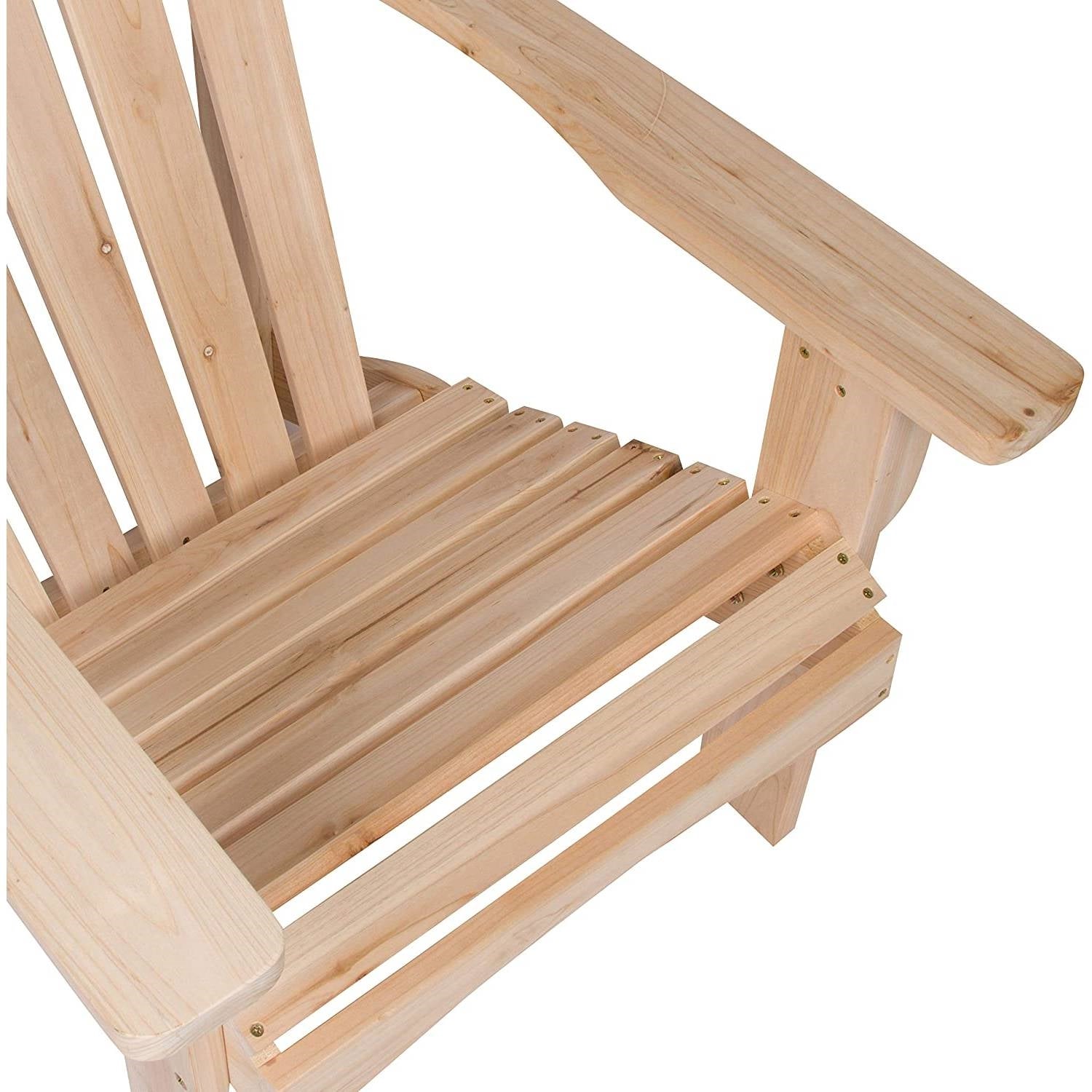 Close-up of Ergonomic Natural Cedar Wood Adirondack Chair showing contoured seat and natural finish.
